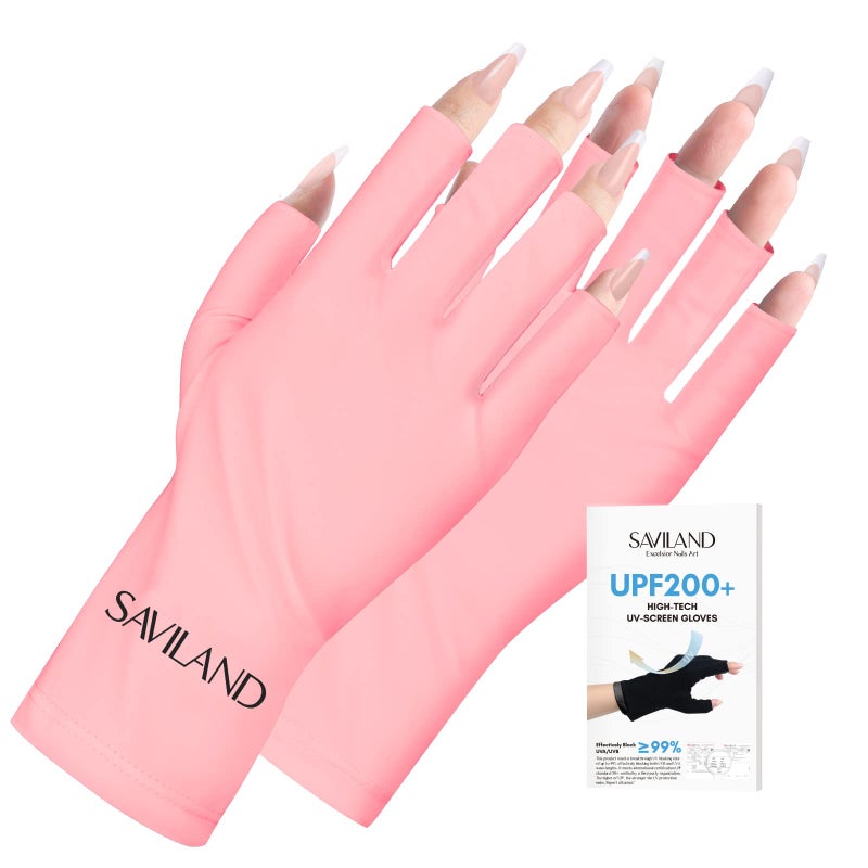 قفازات SAVILAND UV للأظافر UPF200 قفازات UV عالية التقنية للمحترفين للعناية بالأظافر مضادة لأشعة UVA و UVB قفازات UV 999 لمصباح الأظافر للعناية بالبشرة قفازات بدون أصابع لحماية اليدين من أضرار UV باللون الوردي
